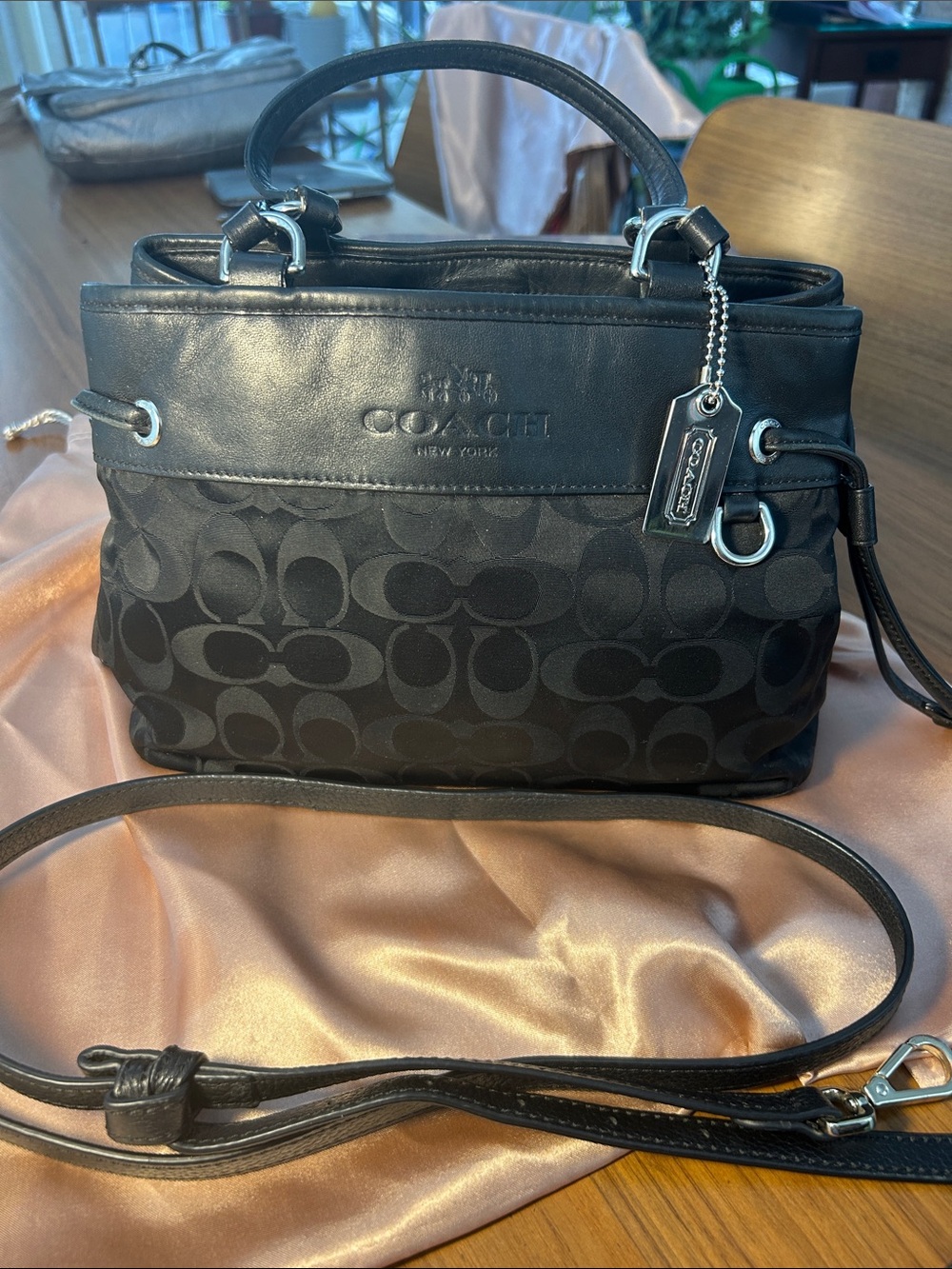 Coach Black Miniature Drawstring Signature Canvas w/Leather, Top Handles